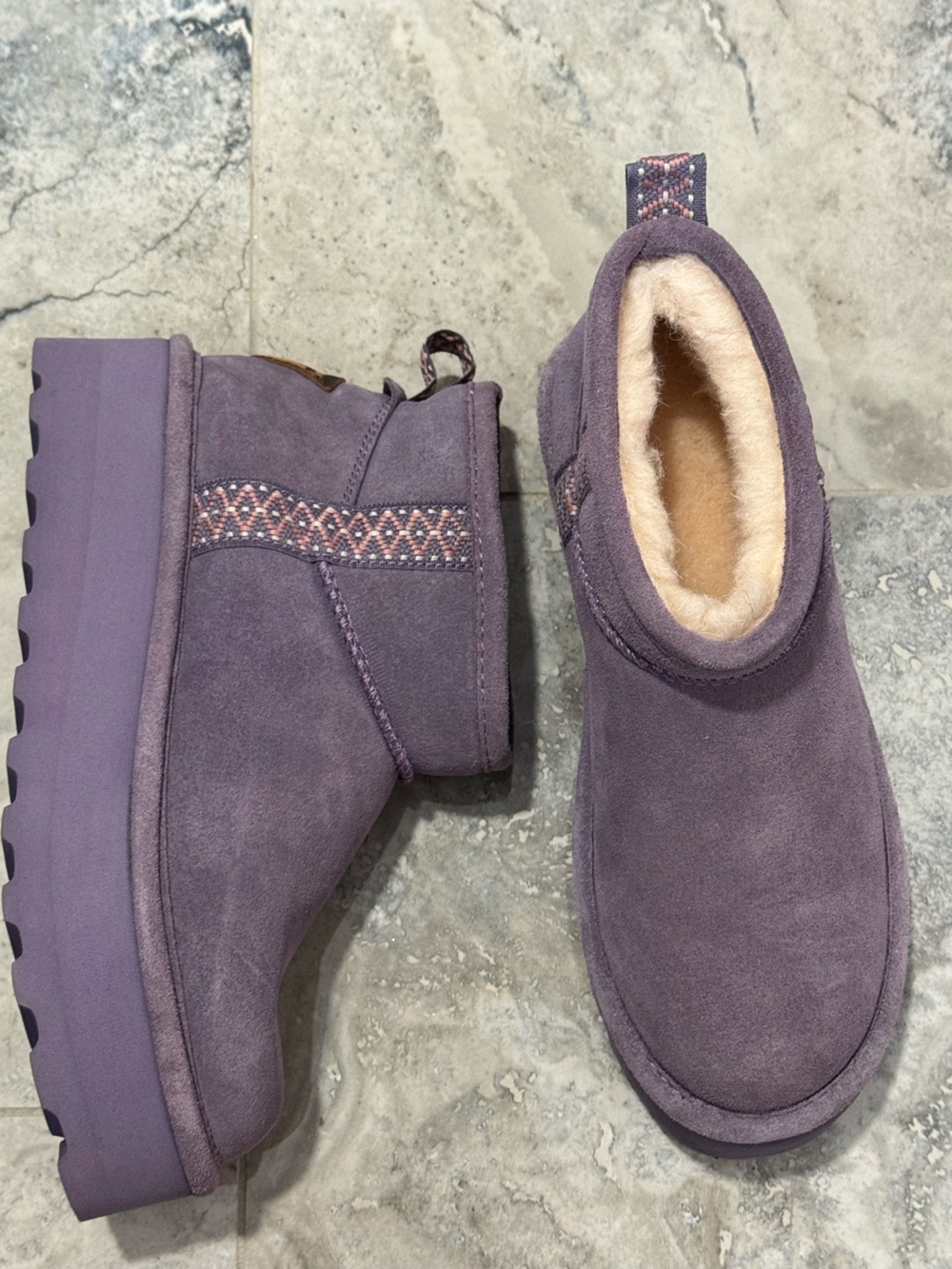 NWOT BearPaw Purple Suede Shearling-Lined Platform Ankle Boots